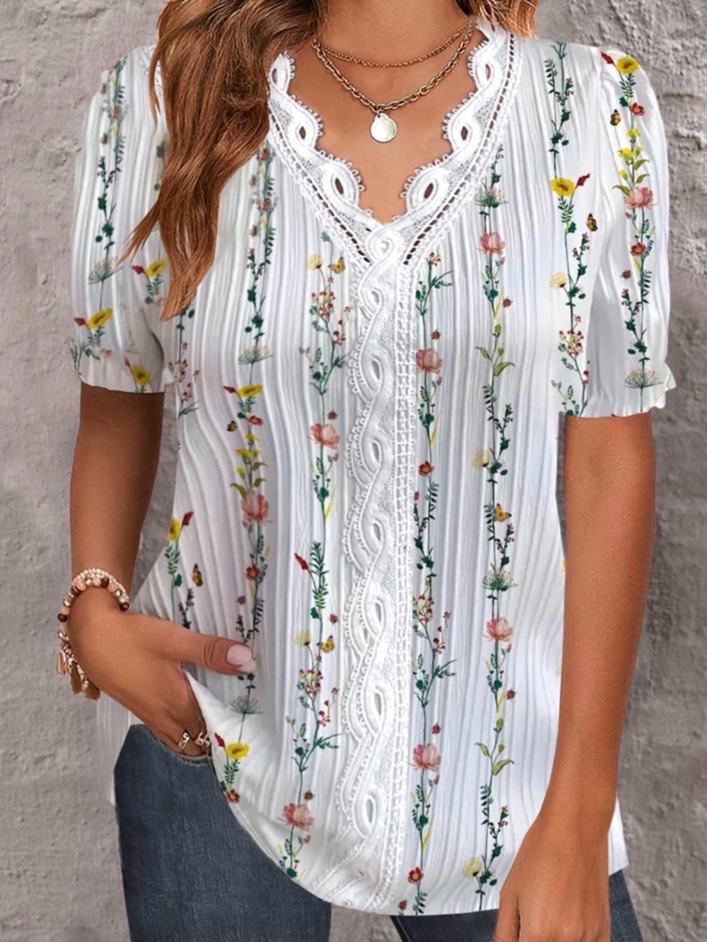 White Floral Lace-Trim Short Sleeve Blouse